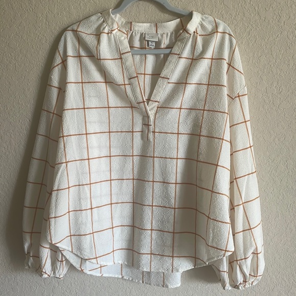 a new day Tops - A New Day Plaid Long Balloon Sleeve Blouse